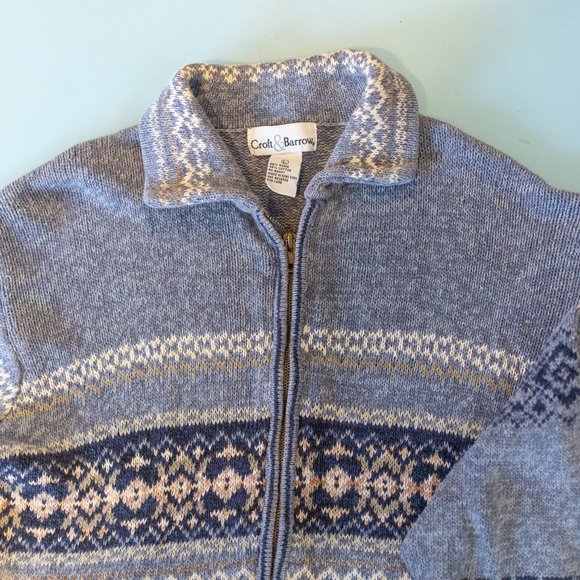 VINTAGE 90s Croft & Barrow Blue Chunky Knit Front Zip Collared Fair Isle Jacket - Picture 4 of 4